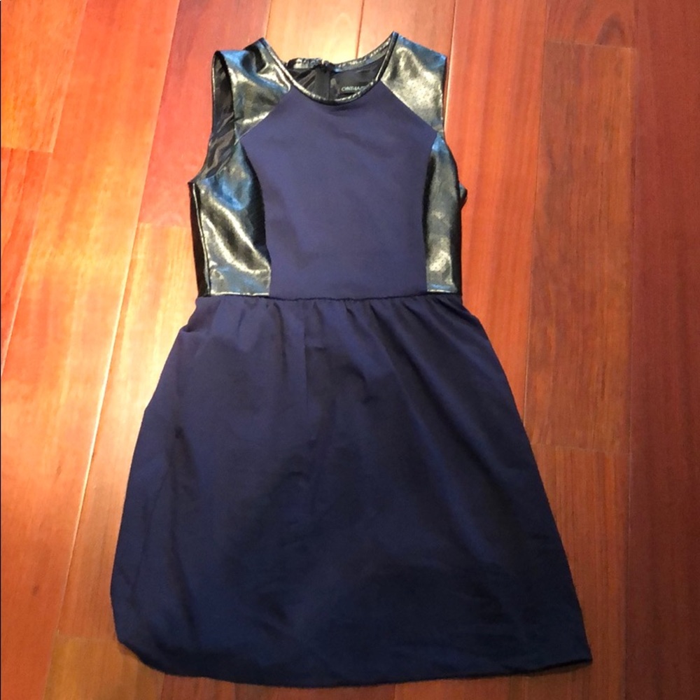 Navy dress with leather